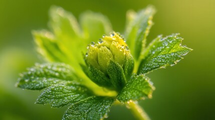 Close-up of Fresh Green Plant Bud with Dew Drops