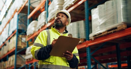 Canvas Print - Warehouse, black man and tablet for stock management on logistic, quality control or inspection. Employee, tech and supervisor in maintenance for freight, supply chain and factory in shipping company