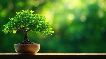 A vibrant green bonsai tree in a simple pot, symbolizing growth, tranquility, and nature's beauty.