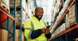 © Nina2024/peopleimages.com - Phone, worker and black man in warehouse for logistics, distribution or stock inspection on shipping app. Mobile, factory or happy engineer check inventory for export, supply chain or quality control