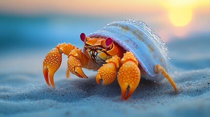 Sticker - A hermit crab with a white shell on a sandy beach at sunset.