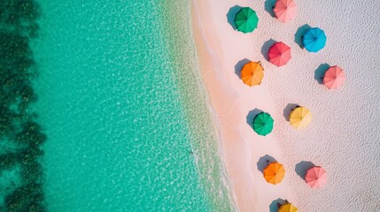 Aerial view of colorful beach umbrellas on a pristine sandy beach, with clear turquoise waters creating a perfect summer vibe.