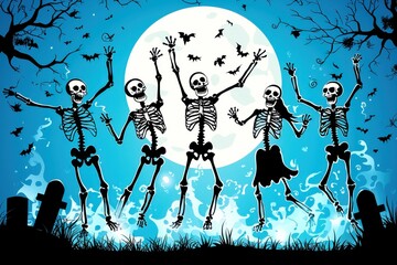 Wall Mural - Silhouette of dancing skeletons with a full moon and bats in the night sky