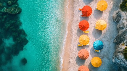 Aerial view of colorful beach umbrellas on a sun-drenched coastline, with calm, crystal-clear waters stretching out to the horizon