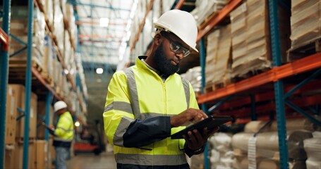 Canvas Print - Warehouse, black man and tablet in inspection on logistic, quality control or stock management. Engineer, tech and supervisor in maintenance for freight, supply chain and factory in shipping company