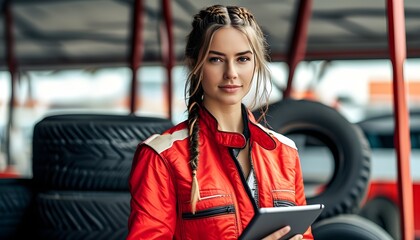 Wall Mural - Empowered woman in red jacket using tablet by racing tires in dynamic automotive environment