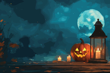 cemetery on halloween night with evil pumpkins, bats and in the background a haunted castle and the full moon. Halloween Banner illustration