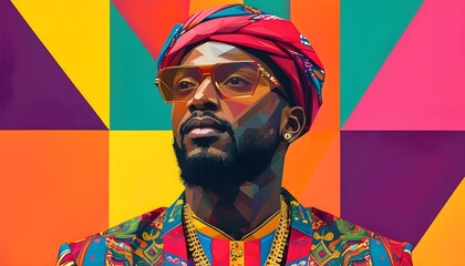 Vibrant portrait of a man in bold attire set against a dynamic geometric background, embodying the essence of modern art and creativity.