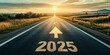 © AiDesign - empty highway asphalt road with 2025 year and arrow pointing towards prosperity and Business annual plan for achieving goals project in the new year