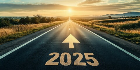 empty highway asphalt road with 2025 year and arrow pointing towards prosperity and Business annual plan for achieving goals project in the new year