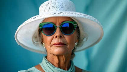 Timeless Elegance: An Elderly Woman in a White Hat and Teal Sunglasses Against a Vibrant Teal Background