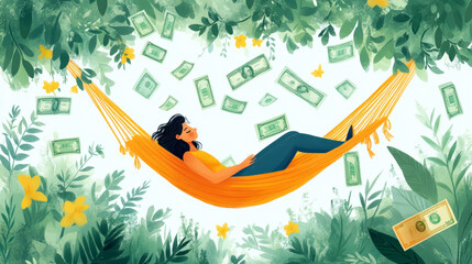 Young woman is lying in a hammock with money raining down on her, symbolizing financial freedom and abundance