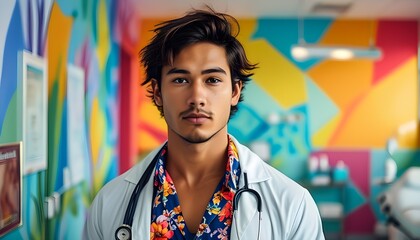 Confident young doctor in floral blouse and white coat with stethoscope in vibrant clinic featuring colorful patterned wallpaper