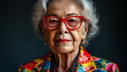 Confident elderly woman in stylish red glasses and colorful floral jacket radiating vibrancy against a dark backdrop