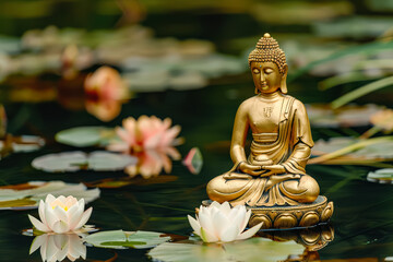 Wall Mural - A statue of Buddha is sitting on a lotus flower in a pond. The pond is surrounded by pink flowers and the sky is a beautiful orange color. The scene is peaceful and serene