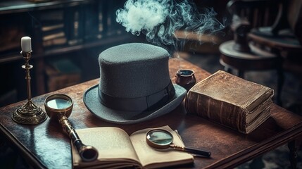 Vintage Detective Accessories with Smoke and Mystery