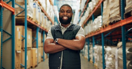 Portrait, confident and black man at warehouse for distribution, logistics industry and package inventory. Worker, arms crossed and inspection for supply chain, freight and transport of production