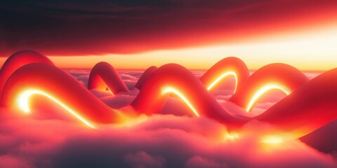 Poster - Surreal landscape with glowing, serpentine forms above clouds.