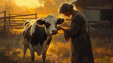 Serene Evening Interaction Between Woman and Cow in Pastoral Setting