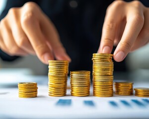 Elegant hands managing stacks of gold coins and financial reports, symbolizing wealth management and prosperity