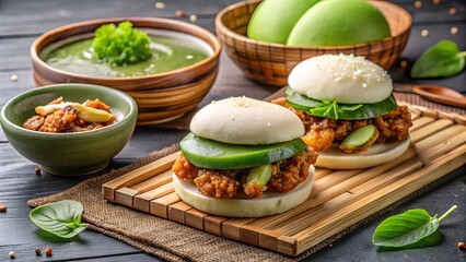 Adorable steamed buns filled with sesame chicken and pickled gari, served with a side of green tea ice cream and crispy senbei crackers