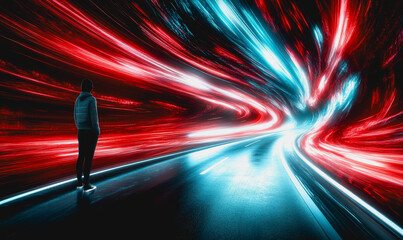 Wall Mural - Person in a dynamic sci-fi tunnel with red and blue light trails, futuristic atmosphere