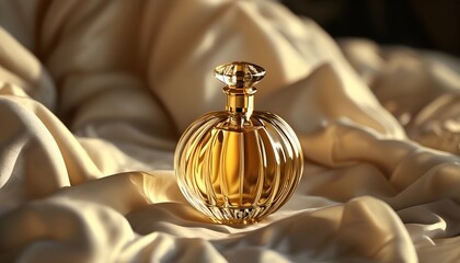 Wall Mural - Luxurious golden-hued perfume bottle surrounded by warm lighting and soft fabric folds, radiating elegance and sophistication