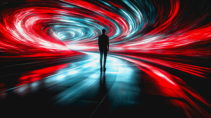 Wall Mural - Person in a dynamic sci-fi tunnel with red and blue light trails, futuristic atmosphere