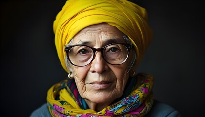 Sticker - Elderly woman in stylish glasses and yellow turban, adorned with colorful scarf against a deep background