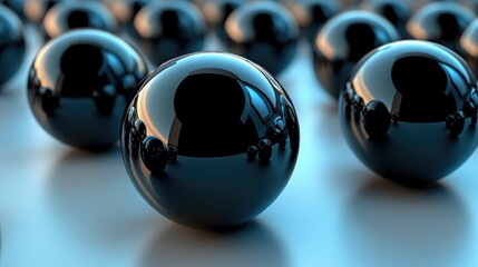 Poster - A collection of reflective black spheres on a smooth surface.