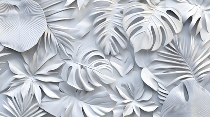 Wall Mural - White 3D Tropical Leaf Pattern