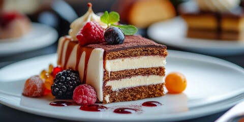 Sticker - Decadent dessert slice featuring layers of chocolate and cream. This attractive cake is garnished with fresh berries and a drizzle of sauce. Perfect for special occasions. AI