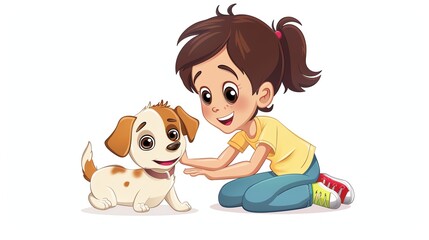 A cartoon girl is petting a small cartoon puppy.