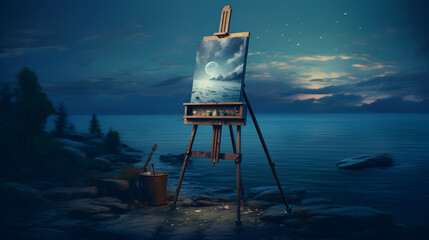 Wall Mural - Easel with an artist's palette in moonlight