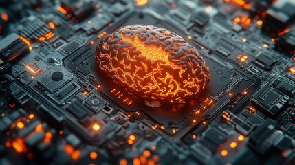 Canvas Print - A glowing brain on a circuit board, symbolizing AI and technology.