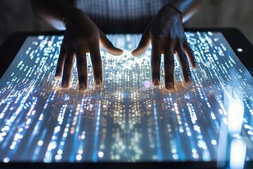 Leinwandbilder - Hands interacting with a glowing digital interface, symbolizing technology, innovation, and futuristic communication in a digital world.