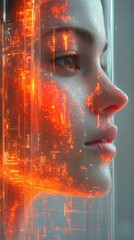 Canvas Print - A futuristic portrait with glowing digital elements on a face.