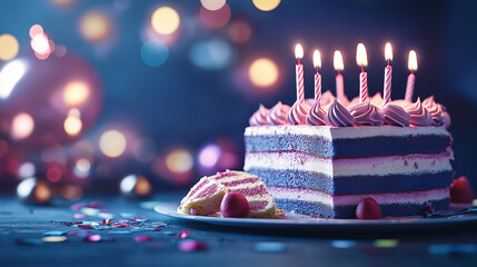 A cake with candles on it and a plate of cake next to it. The cake is pink and has a pink frosting. The candles are lit and there are six of them. Scene is celebratory and festive