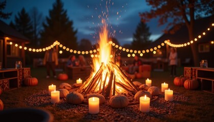 Autumn equinox celebration with a traditional bonfire, roasted marshmallows, and fall-themed decor under a starlit sky