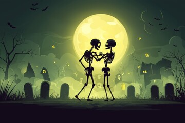 Wall Mural - Skeleton couple dancing under full moon on Halloween night