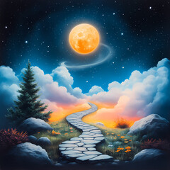 Wall Mural - a moon is shining brightly in the sky above a path that leads to a forest. the sky is filled with cl