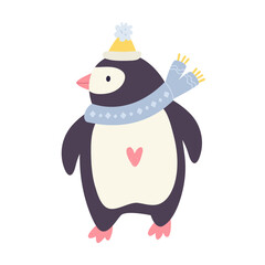 Wall Mural - Playful cartoon vector illustration of a penguin in scarf and hat on white background