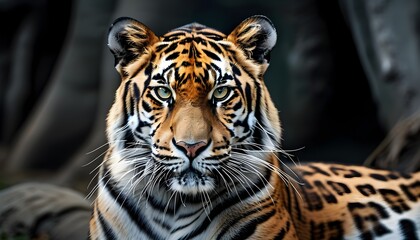 Wall Mural - Stunning close-up portrait of a rare Sumatran tiger showcasing striking stripes and beautiful fur, highlighting the essence of this unique wildlife subspecies