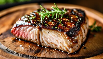 Savory medium-rare ribeye steak on a rustic wooden board with rosemary, pepper, and salt highlighting its juicy, delicious flavor for a gourmet dinner experience