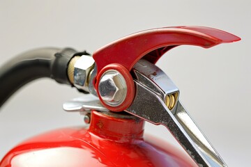 Close-up view of a fire extinguisher handle, highlighting essential safety equipment for emergency situations and fire prevention.