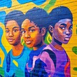 © Espresso - Vibrant mural of three young Black people against a yellow brick wall.