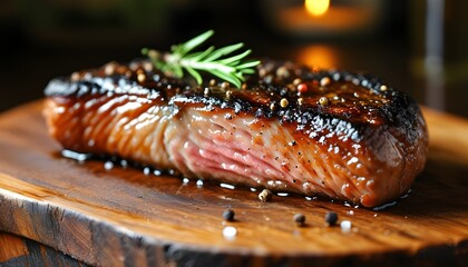 Savory medium-rare ribeye steak on a rustic wooden board with rosemary, pepper, and salt highlighting its juicy, delicious flavor for a gourmet dinner experience