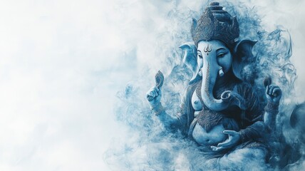 Mystical Blue Ganesha in Smoky Background - Spiritual and Artistic Representation of Hindu Deity