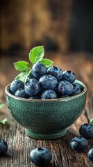 Blueberries in green bowl on wooden table