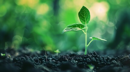 Wall Mural - small green seedling breaks through the soil, symbolizing new life and growth. the blurred backgroun